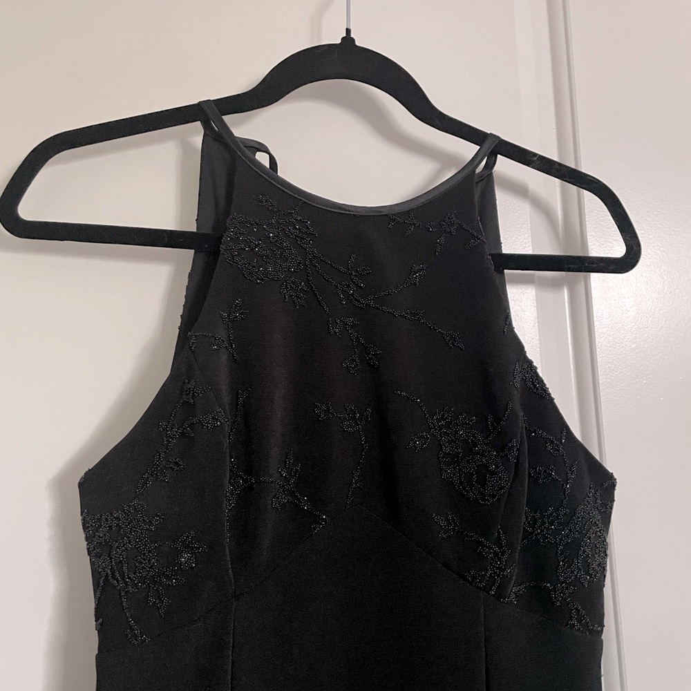 Betsy & Adam Black Beaded Halter Gown
